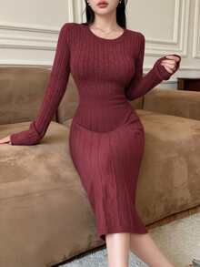 Modelyn Vestido de cuello redondo de manga larga con trenzado elegante de mujer - Burdeos - Ver 8