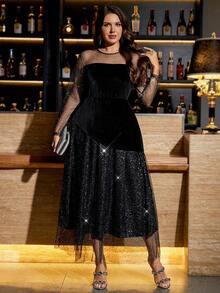 Gownix 优雅长袖天鹅绒和网眼连衣裙 - 黑色 - 查看 4