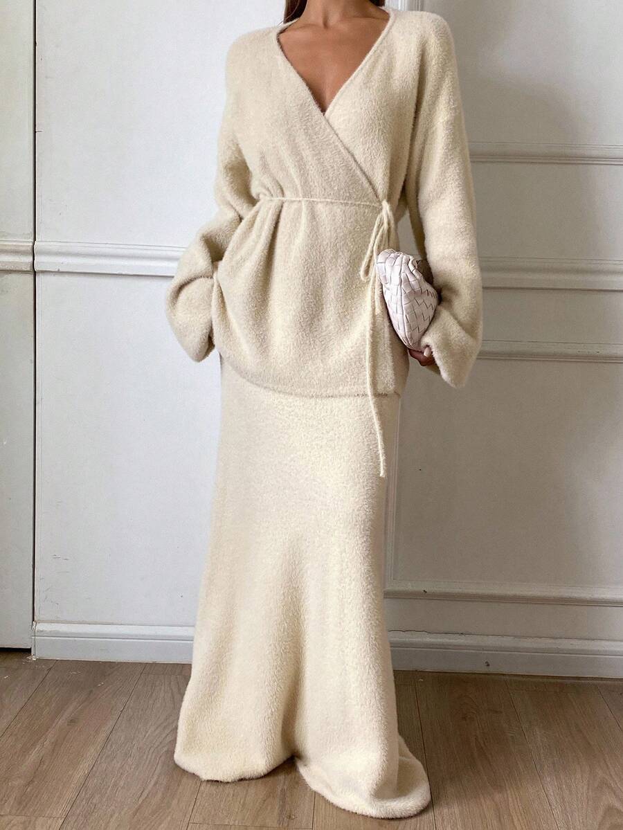 Livesso Women's Autumn V-Neck Loose Sweater Top And Casual A-Line Skirt 2 Pieces Set