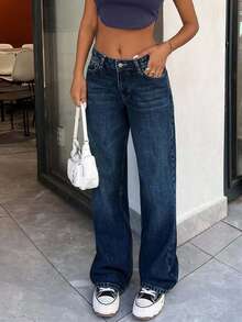 SHEIN Tall 100% Cotton Low Waist Wash Detailed Wide Leg Jean - Light Wash - View 5