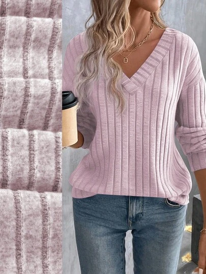 EMERY ROSE Women's Solid Color V-Neck Drop Shoulder Long Sleeve Casual Ribbed T-Shirt