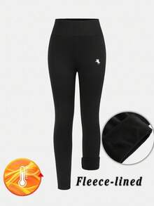 SHEIN Tween 女童基本款纯色高腰 Polo 衫 徽标印花 保暖内衬 黑色紧身打底裤，秋冬休闲装 - 黑色 - 查看 2