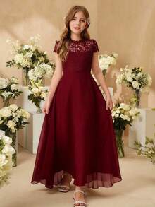 SHEIN 适合青春期女孩的花童礼服，优雅高端蕾丝拼接缎面长礼服，适合婚礼、舞会、生日派对、表演 - 酒紅色 - 查看 3