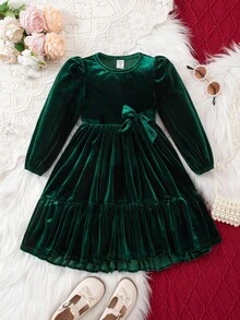 Váy dài tay dệt kim nhung xanh thanh lịch cho bé gái - màu xanh lá - Xem 9