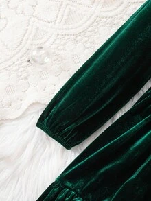 Váy dài tay dệt kim nhung xanh thanh lịch cho bé gái - màu xanh lá - Xem 4