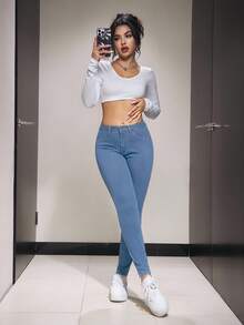 Jeanoix 女式口袋紧身休闲百搭牛仔裤 - 淺色水洗藍 - 查看 6