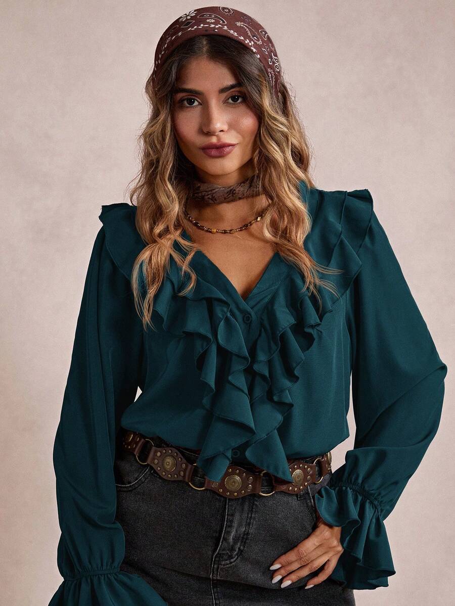 Blusa de manga larga con volantes y diseño de resort de unicolor para mujer de talla grande - Verde Oscuro - Ver 1