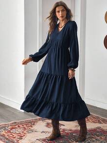 LanaWest Women's Autumn Bohemian Casual Vacation Style Rust Brown Design V-Neck Long Sleeve Patchwork Dress - Navy Blue - View 6