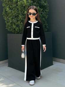 SHEIN 青少年女孩优雅的黑白对比装，适合儿童休闲装、返校装、典礼装、日常装、学校装、旅行装、秋冬装、派对装、婚礼装、圣诞节装、万圣节装、正式活动装、音乐会装