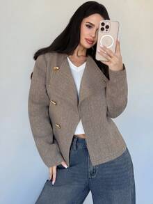 Firerie 女士优雅精致休闲日常通勤新款街头时尚都市时尚斜襟金属纽扣腰部收紧长袖双面羊毛大衣，秋冬 - 卡其色 - 查看 6