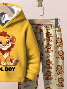 SHEIN 2 件套年轻男孩休闲简约时尚经典可爱狮子印花宽松连帽运动衫和裤子，适合秋冬季 - 彩色 - 查看 5