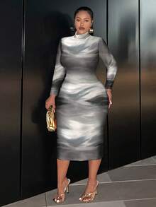 Slaydiva Casual Tie Dye Color Plus Size Long Sleeve Round Neck Fitted Dress, Suitable For Autumn/Winter