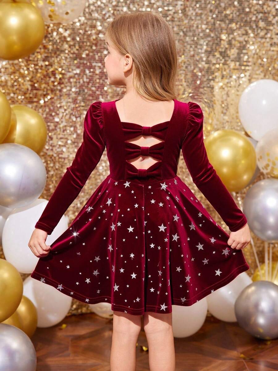 SHEIN Young Girl Burgundy Autumn Glitter Star Print Velvet Dress,Long Sleeves Cake Dress For 7th Birthday,Vintage Princess Wedding Christmas Party Wear - Burgundy - View 1