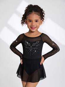 年轻女孩花样滑冰裙，专业运动，日常训练，校园比赛，时尚黑色水钻图案，插肩袖，防走光裙摆设计，高弹舒适花样滑冰裙 - 黑色 - 查看 4