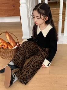 DAZY 年轻女孩豹纹宽松休闲街头风喇叭裤 - 咖啡棕 - 查看 4