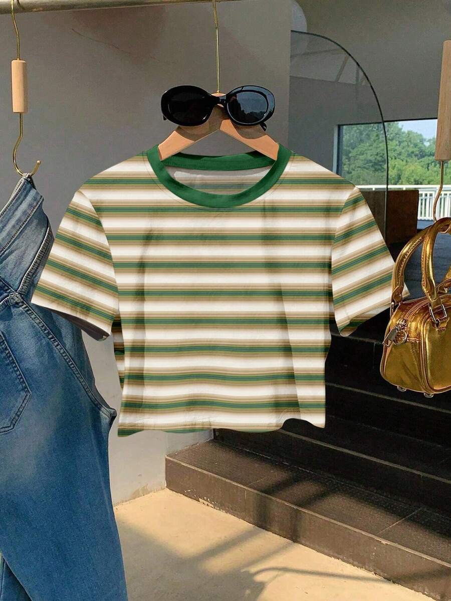 Resyla Women's Casual Striped Short Sleeve Cropped T-Shirt, Summer - Multicolor - View 1