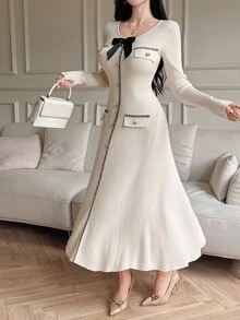 DAZY Women's Elegant Colorblock Bow Decor Faux Pocket Sweater Dress, Autumn - Beige - View 7