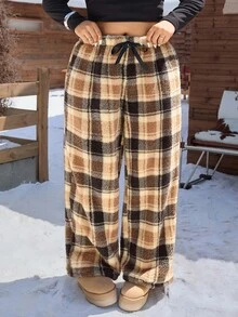 SHEIN EZwear 秋冬大码休闲格子珊瑚绒抽绳裤 - 彩色 - 查看 9