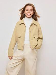 Tween Mädchen Jacke Einfarbig mit langen Ärmeln, Knopfleiste und Cargo-Tasche, Lässig Jacke für den Herbst - Khaki - Übersicht 3