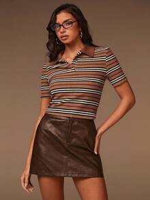 Athîral Blusa de rayas marrón, estilo retro de cuello polo y silueta delgada, estilo universitario, para el look de Año Nuevo de la mujer - Multicolor - Ver 6