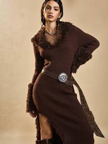 Easelle Robe en tricot fendue élégante à col châle en fourrure marron foncé, manches longues, ourlet fendu sur le côté pour femmes - Tabac - Voir 7