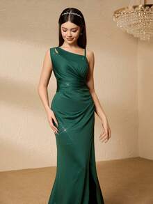 少女高端修身单肩镂空亮片针织开衩连衣裙，适合婚礼、庆典、生日、舞会、圣诞节、万圣节 - 墨綠色 - 查看 6