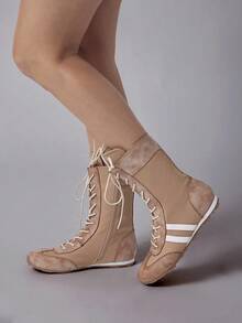 Solezae New Fashionable Women's Tan Lace Up Boxing Style Knockout Retro Vibes Sneaker Boot Mid-Calf Faux Leather Comfort Street Wear Edge Holiday Shoe - Maroon - View 4