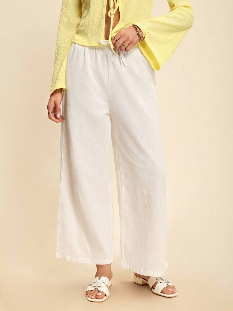 Pantalones de pierna ancha unicolor de cintura fruncido