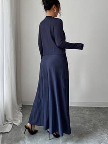 Elenzga Conjunto de punto elegante azul marino, hilo metálico brillante de alta gama, diseño de nicho de cárdigan y falda evasé, opción cómoda para fiestas vintage, viajes al trabajo y salidas en otoño/invierno - Azul - Ver 2