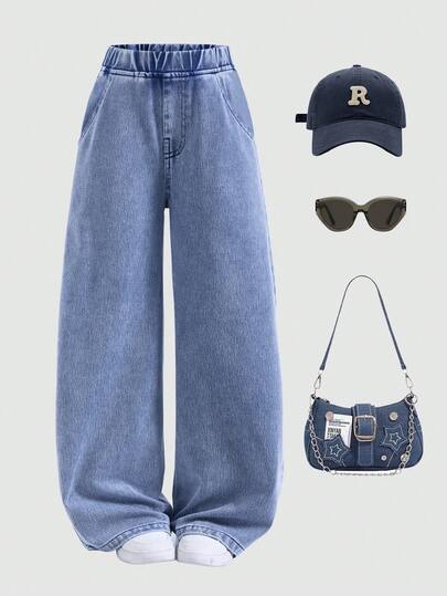 SHEIN Tween Girl 休闲水洗阔腿牛仔裤