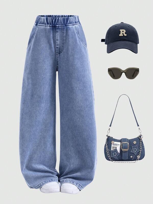 SHEIN Tween Girl 休闲水洗阔腿牛仔裤