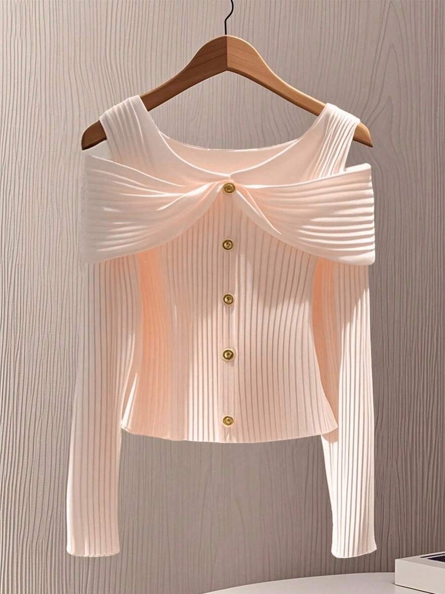 GlowEve Women's Solid Color Button Design Off-Shoulder Long Sleeve Ribbed Fashionable T-Shirt - Baby Pink - View 1