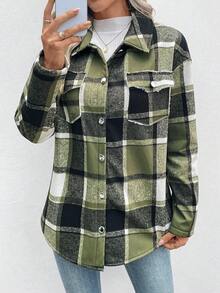 EMERY ROSE Women's Plaid Single-Breasted Casual Fleece Jacket, Autumn/Winter - Army Green - View 4