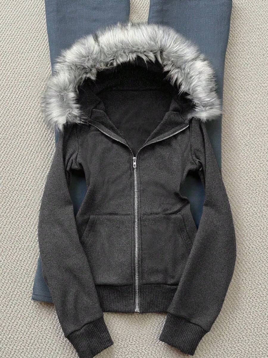 INAWLY Women's Casual Hooded Jacket, Comfortable Long Sleeve Fuzzy Hood Sweatshirt, Suitable For Daily Wear - Dark Grey - View 1