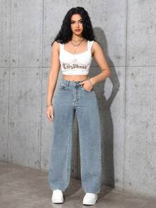 SHEIN PETITE 女式高腰口袋阔腿宽松休闲牛仔裤 - 淺色水洗藍 - 查看 6