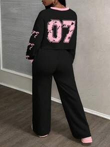 Slaydiva 秋季大码女式休闲宽松蝴蝶结和数字印花落肩长袖运动衫和裤子两件套，秋冬 - 彩色 - 查看 2