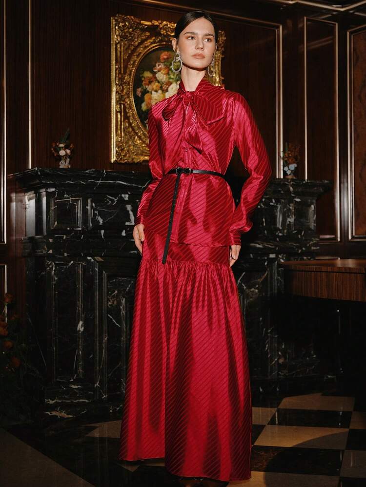 2pcs Women's Elegant Romantic Red Striped Dress Set, Suitable For Family Gatherings, New Year Parties, With Shiny Finish