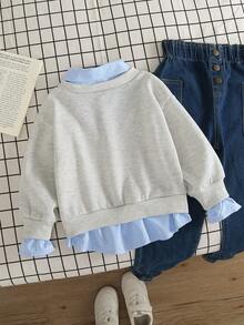 Genkimix Kids 1件装少女款男女通用灰色条纹套头卫衣，百搭春秋冬装，学院风，高品质面料，适合街头、通勤、上学、返校季穿着，可爱纯棉卫衣上装 - 彩色 - 查看 2