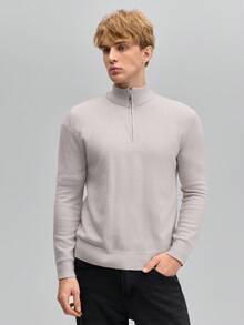 OFFICEAU Men's Casual Solid Color Stand Collar Zip-Up Sweater, Versatile & Minimalist - Light Grey - View 3
