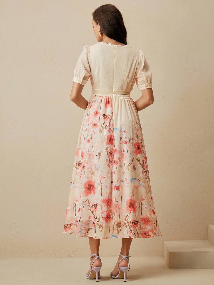 Elegant Floral Print Flowy Midi Dress For Women