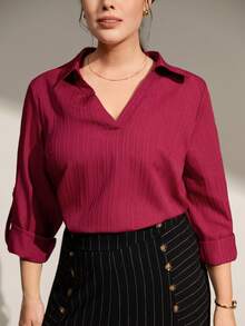 Momelise Christmas Plus Size Women Solid Color Roll-Up Sleeve Casual Loose Blouse - Red - View 6