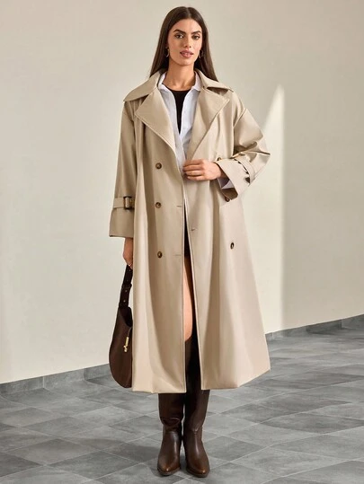 CLARA VERO FRENCHY Klassisk trenchcoat med skärp – Dubbelknäppt lätt lång jacka med slagkrage, tidlösa beige ytterplagg för vår-höst, minimalistisk parisisk gatustil, elegant vardagsplagg för generation Z, neutral ton, ren tjej-estetisk look