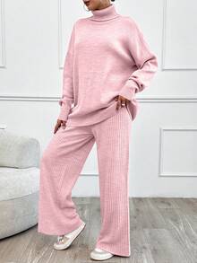 EURMUSE High Neck Drop Shoulder Sweater & Ribbed Pant Set - Baby Pink - View 3