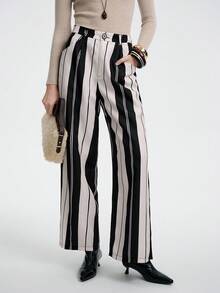 SHEIN LUNE Women's Elegant, Fashionable, Comfortable, Charming Vintage Minimalist Striped Straight Loose Casual Pants - Black - View 1