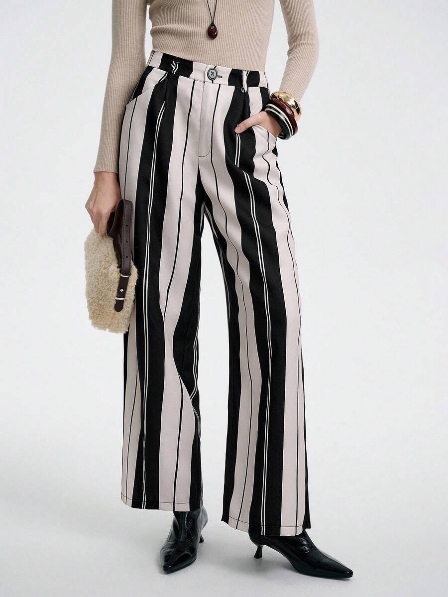 SHEIN LUNE Women's Elegant, Fashionable, Comfortable, Charming Vintage Minimalist Striped Straight Loose Casual Pants - Black - View 1