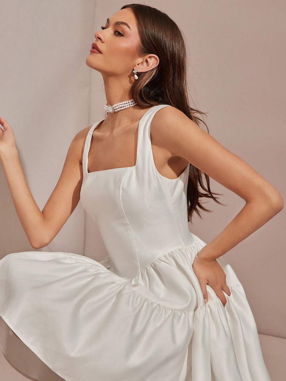 Enchnt Women's White Satin Princess-Style Mini Dress,Elegant Summer Graduation Party Gown,Perfect For Dates,Wedding Guests,Christmas & Holiday Outfits