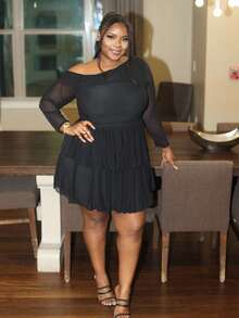 Hourglow Ceceforeign_ Plus Size Elegant Sweet Sexy Women's Black Mesh Asymmetrical Oblique Shoulder Long Sleeve Ruffled Hem Mini Dress, Fairy Core Dress, Suitable For Valentine's Day, Summer, Birthday, Plus Size Formal Party, For Hourglass Body Shape - Black - View 3