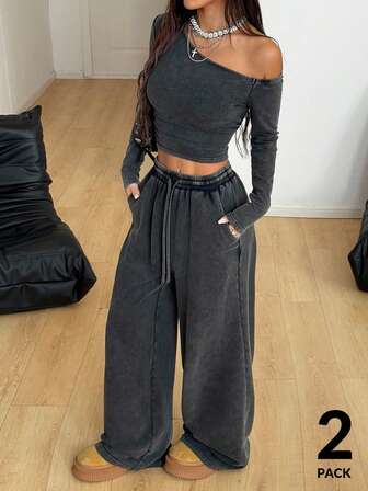 Coolane Women's Daily Wear Essentials Knit Stretchy Comfy Asymmetrical Neck Long Sleeve Tops And Wide Leg Sweatpants Tracksuit Two Pieces Outfits