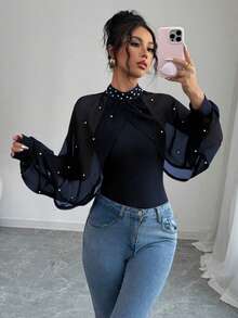 Elenzga Women's Stand Collar Elegant Chiffon Beaded Bodysuit - Navy Blue - View 3