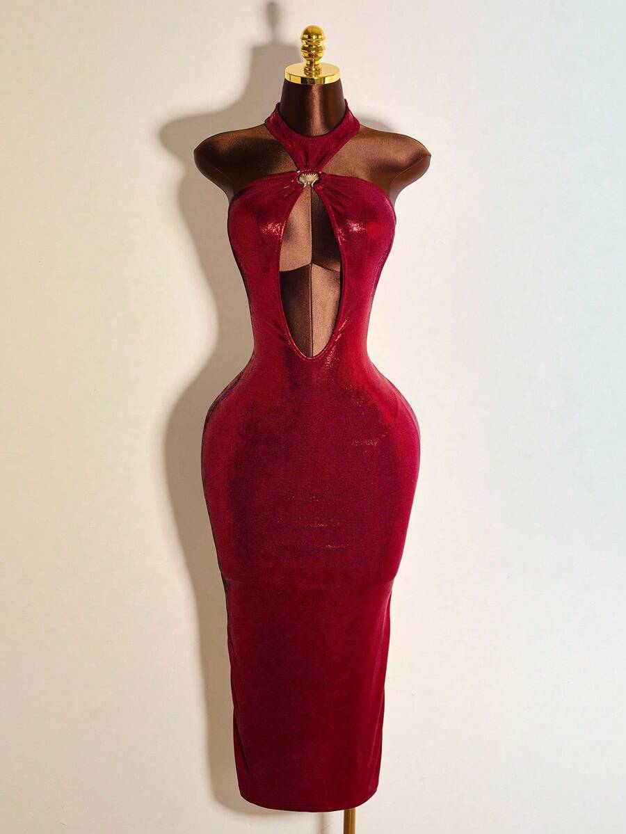 Mistrie Women's Solid Color Metal-Feeling Hollow Neck Strap Wrapped Hip Sexy Dress Holiday Elegant Party Dress